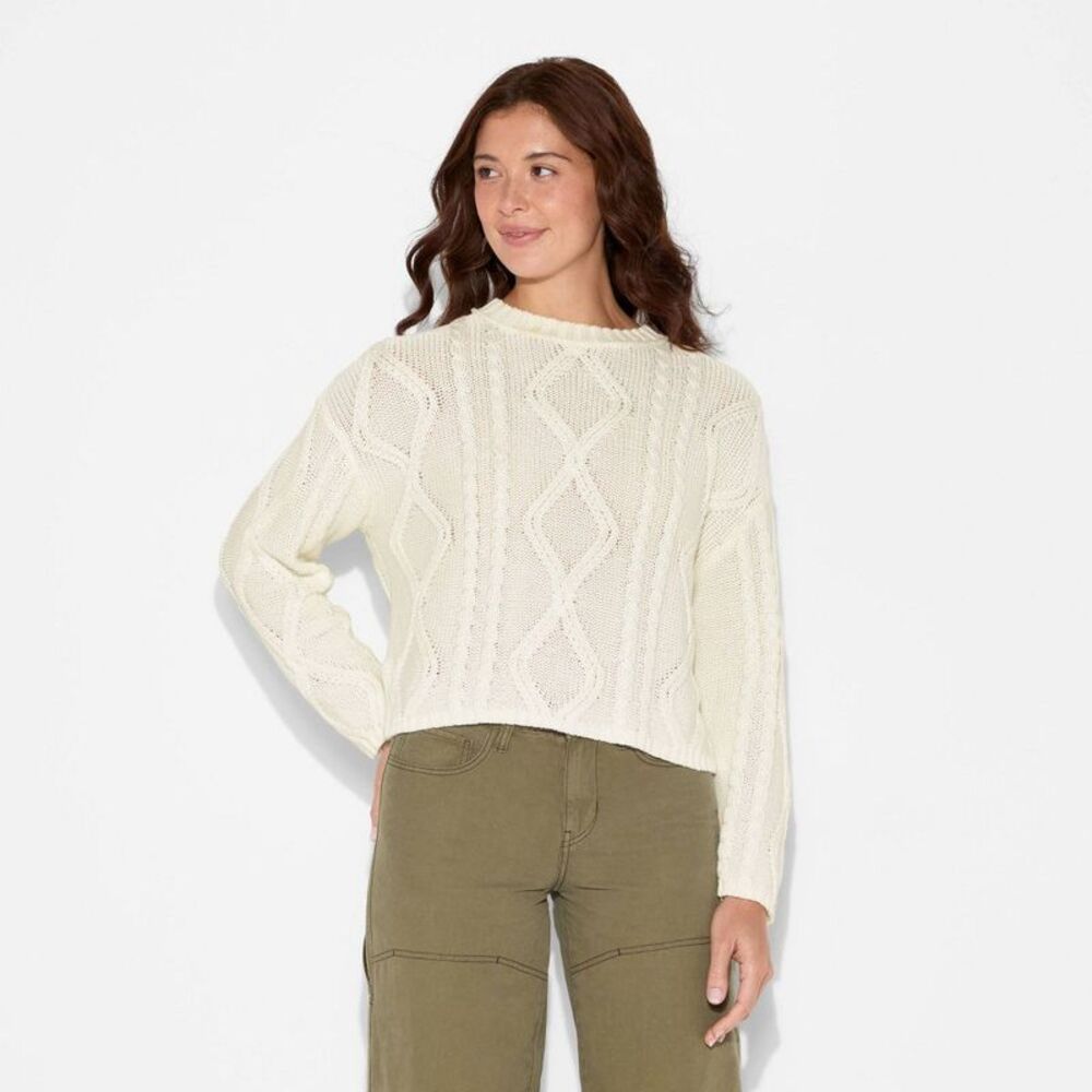 Women's Crewneck Cotton Cable Pullover Sweater - Wild Fable Cream L - Picture 2 of 4